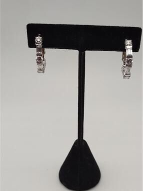 Sterling 925 CZ Hoop Earrings Baguette Round Huggie